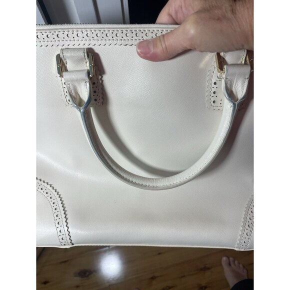 Tory Burch Cream Leather Laser-Cut Tote Bag Snap Top Handle Shoulder Purse - Picture 8 of 8